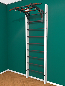 Брашированная шведская стенка "Кастерли" White с турником (Черные ступени)