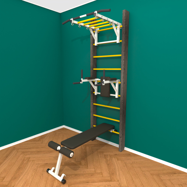 картинка Брашированная шведская стенка "Кастерли" Black РБС (Желтые ступени) от магазина Лазалка